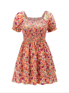【Plus Size】 Floral Print Frill Trim A Line Dress, Boho Puff Sleeve Shirred Dress for Beach Holiday Vacation, Women's Clothes for Summer