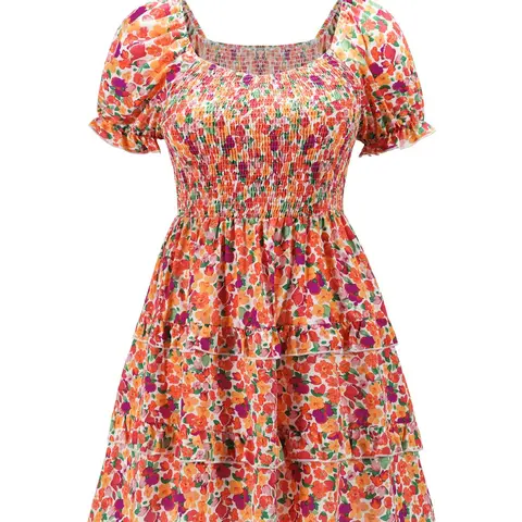 [Plus Size] Floral Print Frill Trim Fitted A Line Dress, Puff Sleeve Shirred Dress for Beach Holiday Vacation, Women's Casual Boho Chic Wear for Summer Summer Dress, Bohemian Aesthetic Boho Fashion Casual, Boho Style Dresses