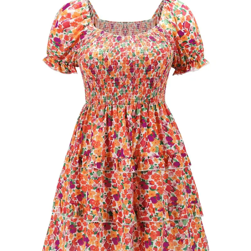 [Plus Size] Floral Print Frill Trim Fitted A Line Dress, Puff Sleeve Shirred Dress for Beach Holiday Vacation, Women's Casual Boho Chic Wear for Summer Summer Dress, Bohemian Aesthetic Boho Fashion Casual, Boho Style Dresses