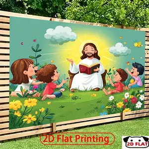 2D Flat Banner 1pc, 2DFLAT Cartoon Jesus Surrounded By Children Backdrop Banner - Photography Backdrop & Party - Photographic Cloth, Outdoor Indoor Party Banners, Background Festive Elements Holiday Decorations, Ph, Childrens Day Props, Yard Sign Banner
