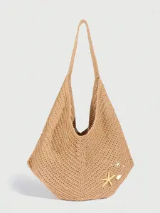 Vintage relaxed casual versatile woven tote bag, large capacity fashionable and simple texture shoulder bag, with starfish and shell decoration design, suitable for beach vacation, outdoor travel, shopping, Picnic Tote, Open beach bag, Summer Beach Bag