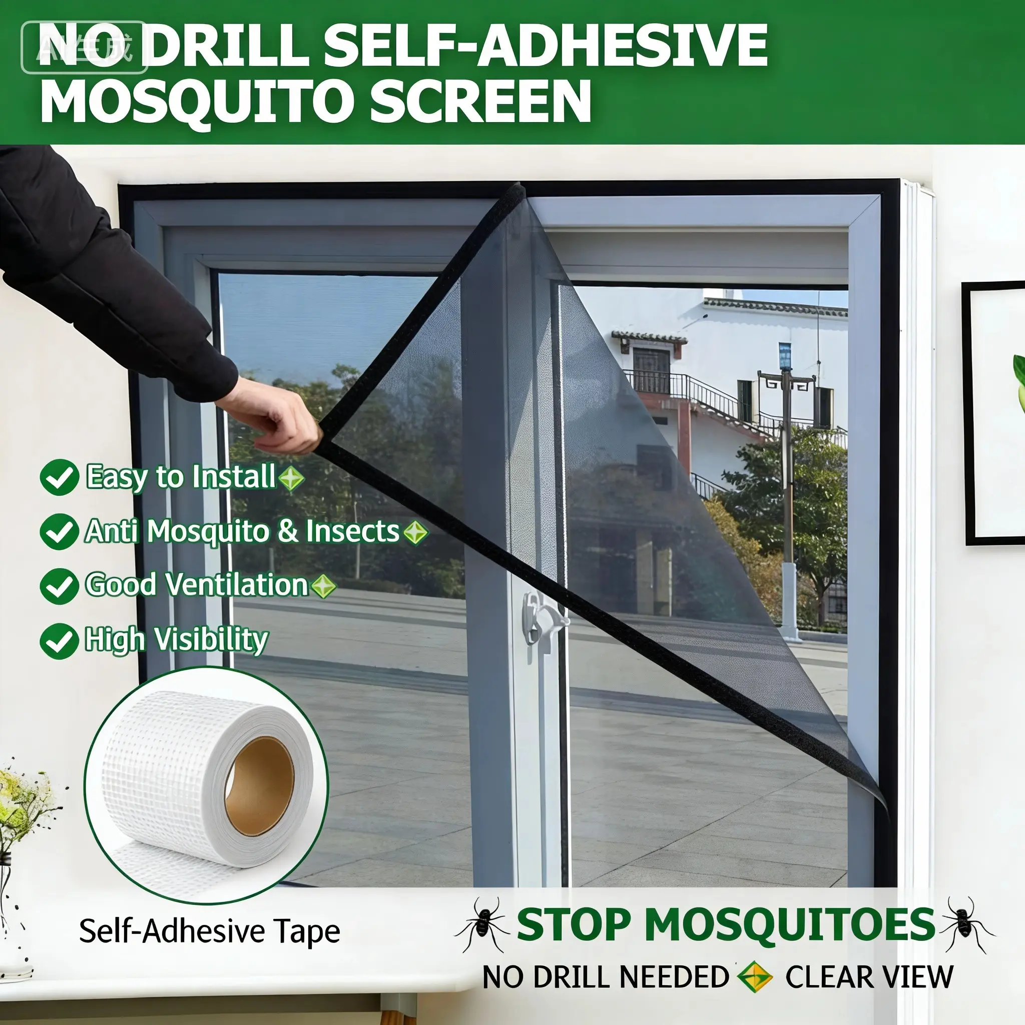 Drill-Free Self-Adhesive Window Screen, Window Mounted, Mosquito Proof, Easy Installation, Economical, High Quality, Good Ventilation, Super Dense Mesh, High Visibility, PP Material, Cuttable, Home Use