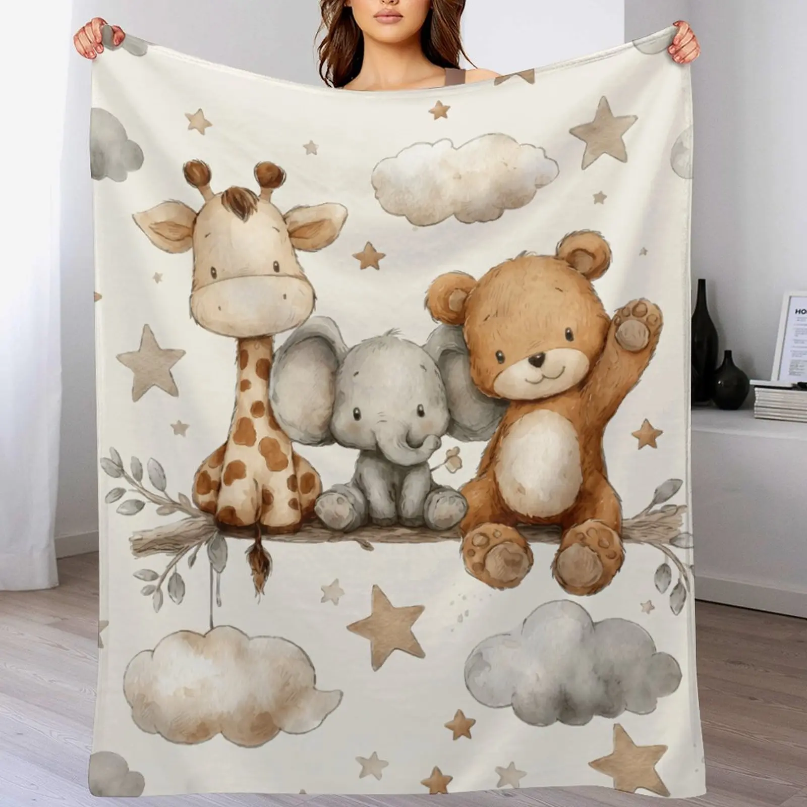 Watercolor Safari Animal Blanket Giraffe Elephant Teddy Bear Nursery Throw Soft Neutral Crib Blanket for Baby Boys Girls Newborn Toddler Bedroom Decor