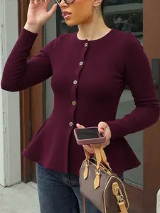 Women's Long Sleeve Round Neck Cardigan Sweater Knitwear, Elegant Ruffle Hem Design, Perfect for Autumn & Winter Casual Wear