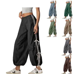Kingapril Parachute Pants for Women Elastic High Waist Full Twist Hiking Cargo Pants Trousers Casual Fit