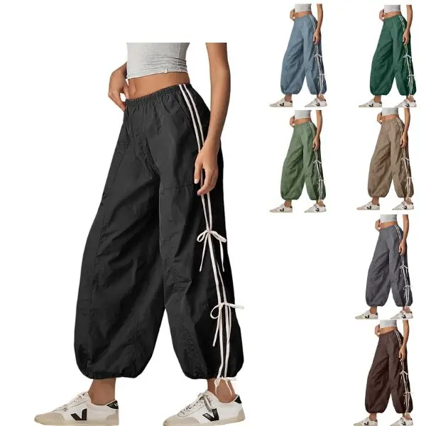 Kingapril Women's Stretchy High-Waist Baggy Cargo Pants - Full Twist Basic Knot Utility Trousers, Breathable Light Fabric, Loose Legs, Sporty Chic, Pockets, Easy On/Off Ankle-Length Casual Hiking Bottoms