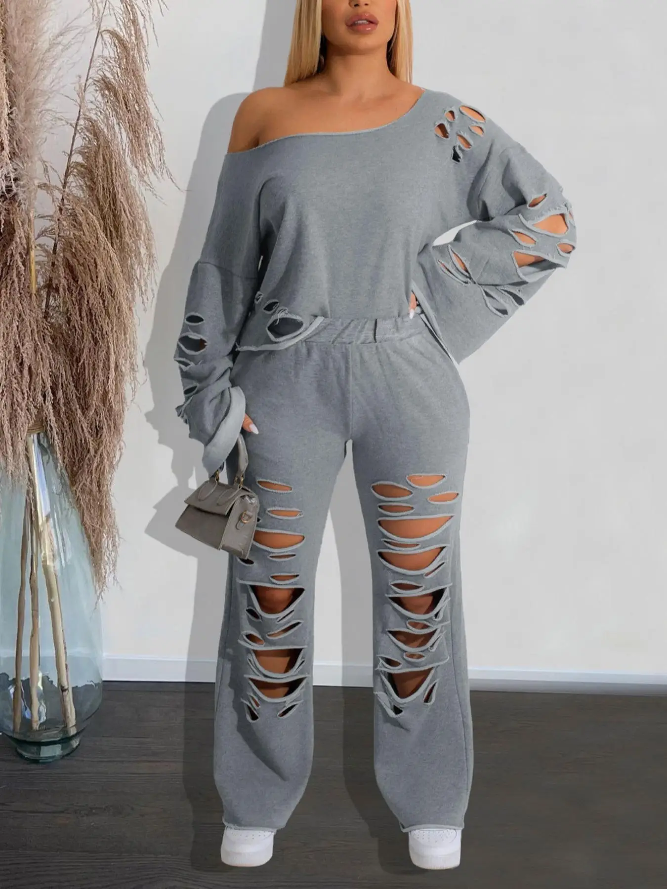 Women's Ripped Asymmetrical Neck Pullover & Wide Leg Pants Set, Solid Drop Shoulder Top & Ripped Trousers Set, Fashion Cozy Outfits for Daily Wear, Co