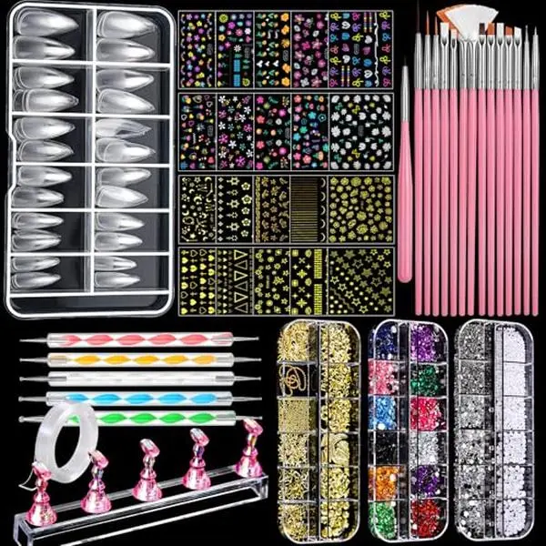 Nail Art Brushes, Nail Art Kit with Nail Art Brush, Dotting Tools, Nail Rhinestones Pearls, Nail Charms and Gems, Nail Stickers for Women Decals, Nail Stand for Press on, Nail Design Kits