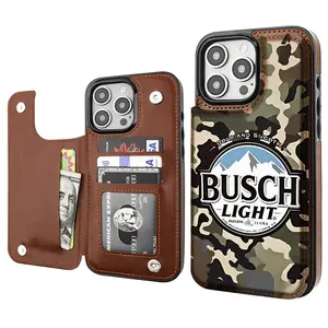 BUSCH LIGHT Beer Lover Luxury Unique Trendy Pattern Aesthetics Card Holder Wallet Aesthetic Pattern Brown Casing For iphone 16 15 14 13 12 PRO PLUS MAX PU Leather Stylish Gift Shockproof Protection Anti-Drop Protective Protector Phone Cases Shell Cover