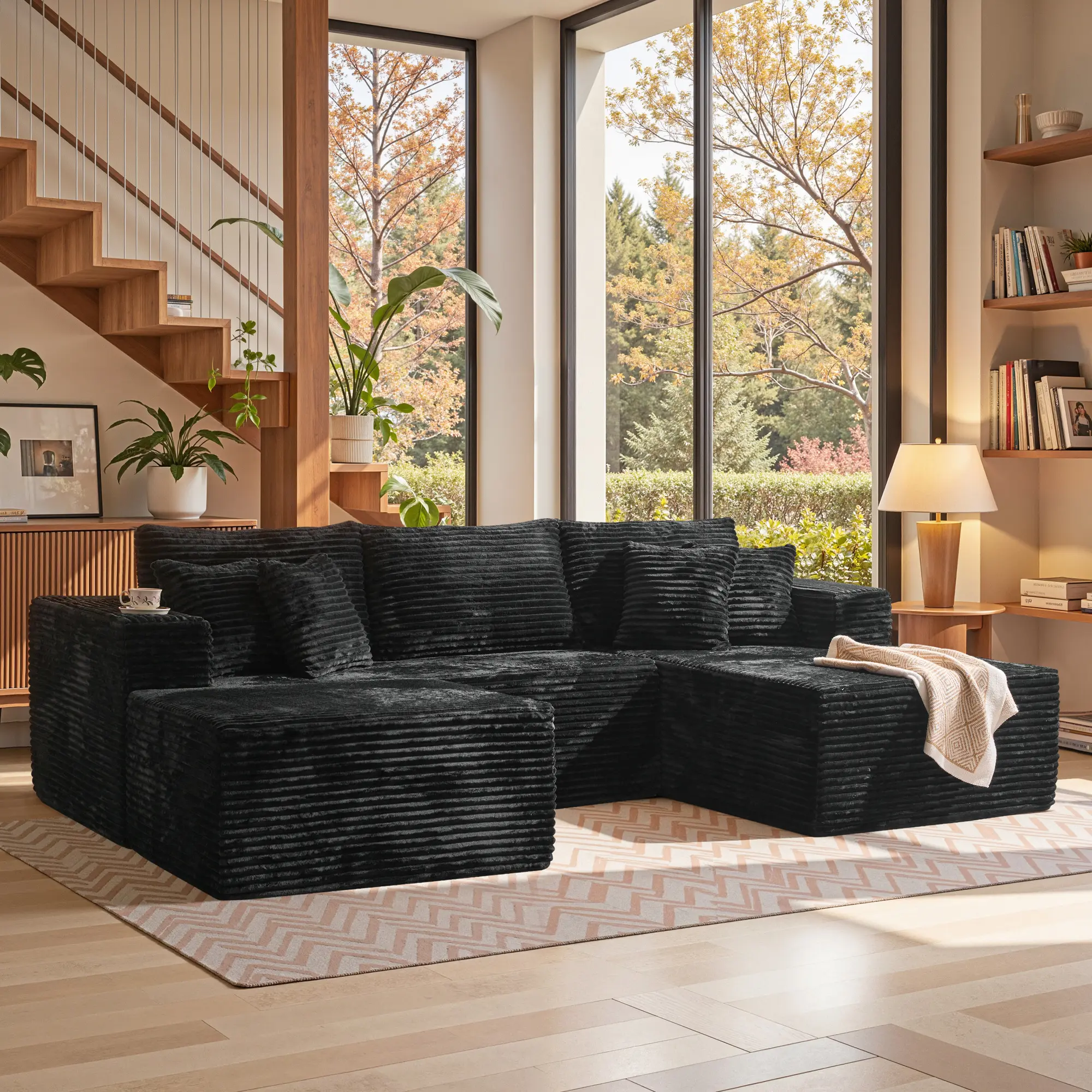 Black Plush Corduroy Right Chaise