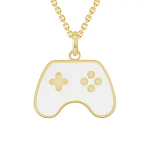 Gaming Controller Pendant Necklace in Solid Gold, White Enamel