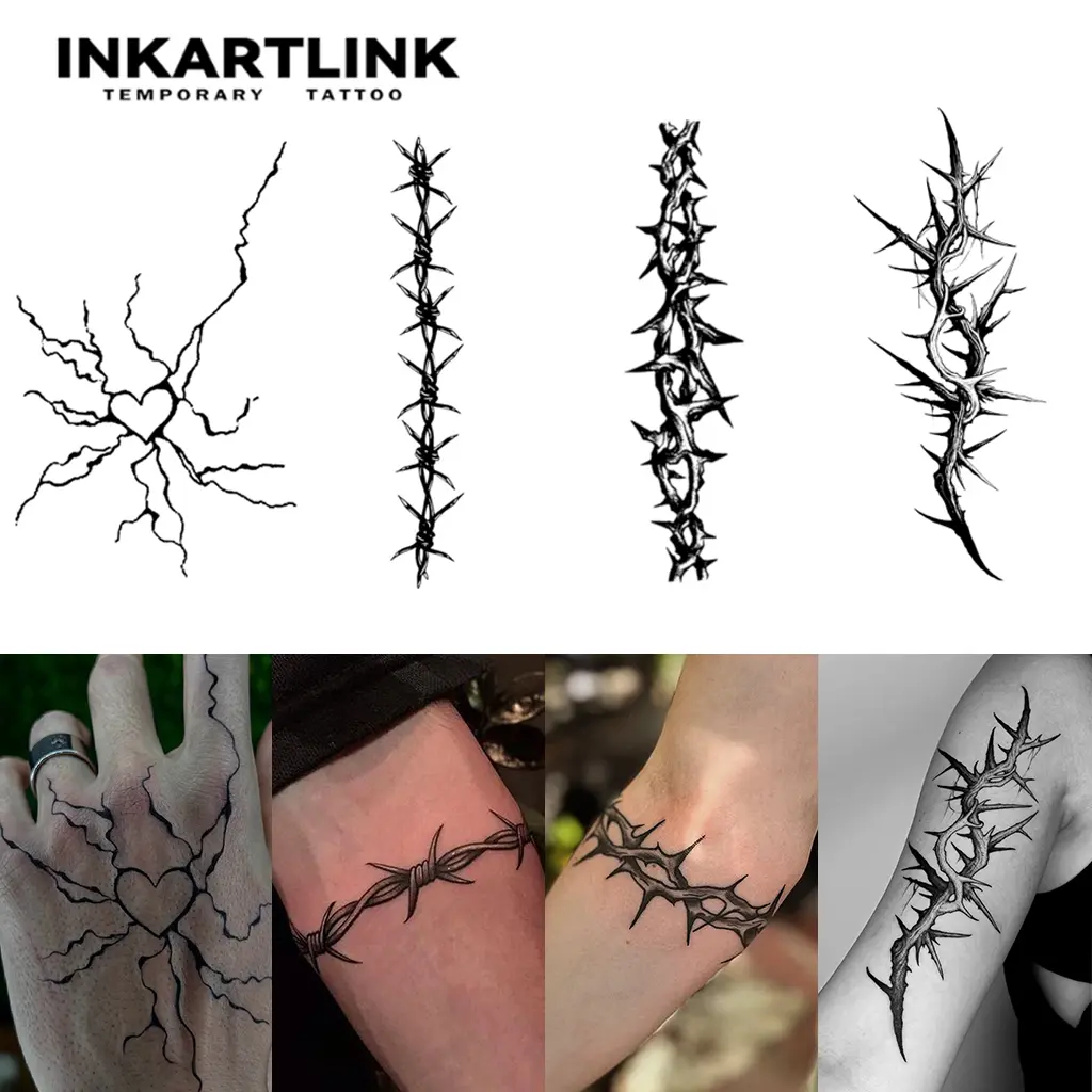 INKARTLINK Thorn Series Semi-Permanent Ephemeral Tattoos Sheet Set - 2 Sheets Adult Tattoo Art, Waterproof, Realistic, No Adhesive, No Reflection, 1-2 Weeks Long-Lasting, All Skin Types, Ideal for Swimming, Parties, For Men & Women, Fake Tattoos, Adults