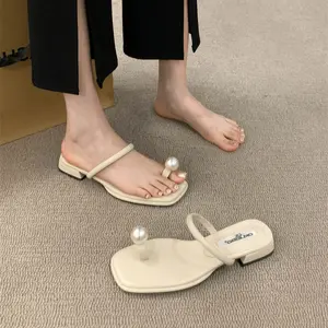 Elegant women's summer outdoor sandals 2026, black stylish pearl slip-on square-toed slippers