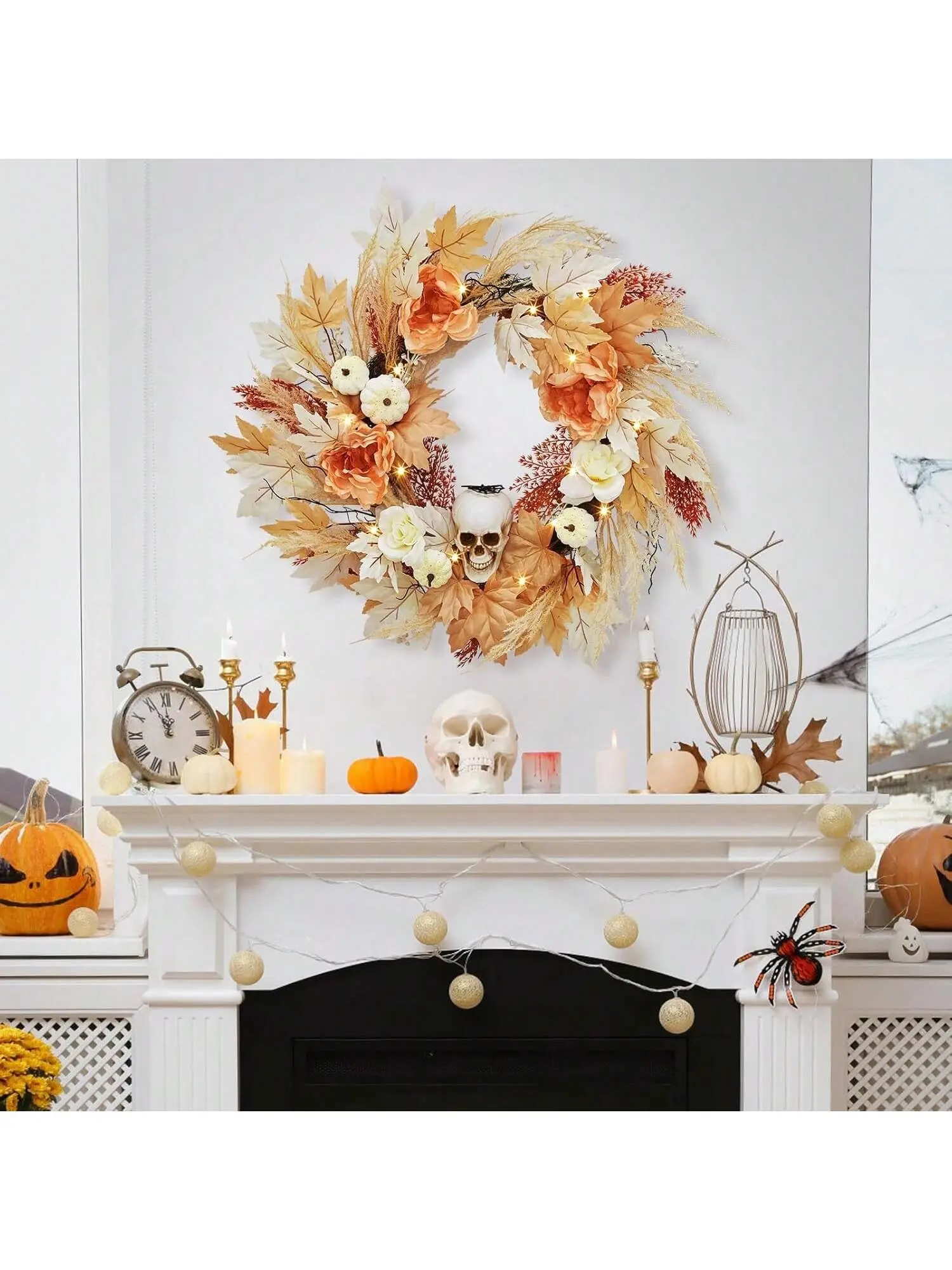 22-Inch Round Spooky Aesthetic Grey Halloween Skull Wreath with LED Lights, Roses, Maple Leaves, Flowers, Vine Base, Window Accents, Handmade Ornament, Dry Battery Power for Front Door-Wall, Outdoors Decoration