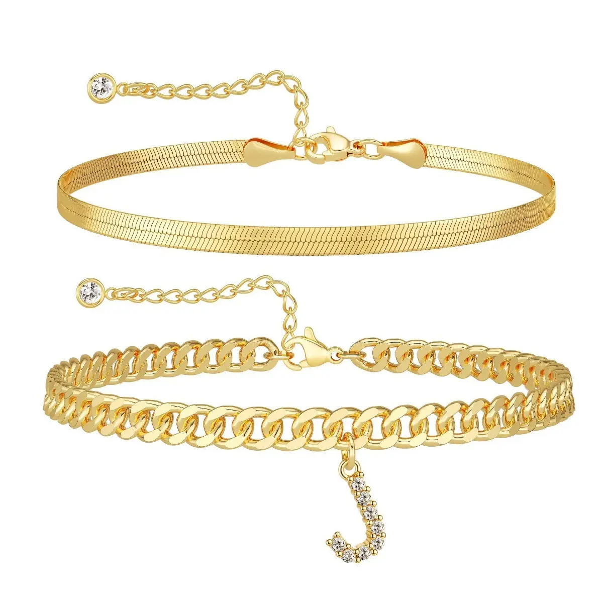 26-Letter Cuban Chain Double-Layer Anklet with Unique Snake-Bone Layered Design and Copper Zirconia Pendant