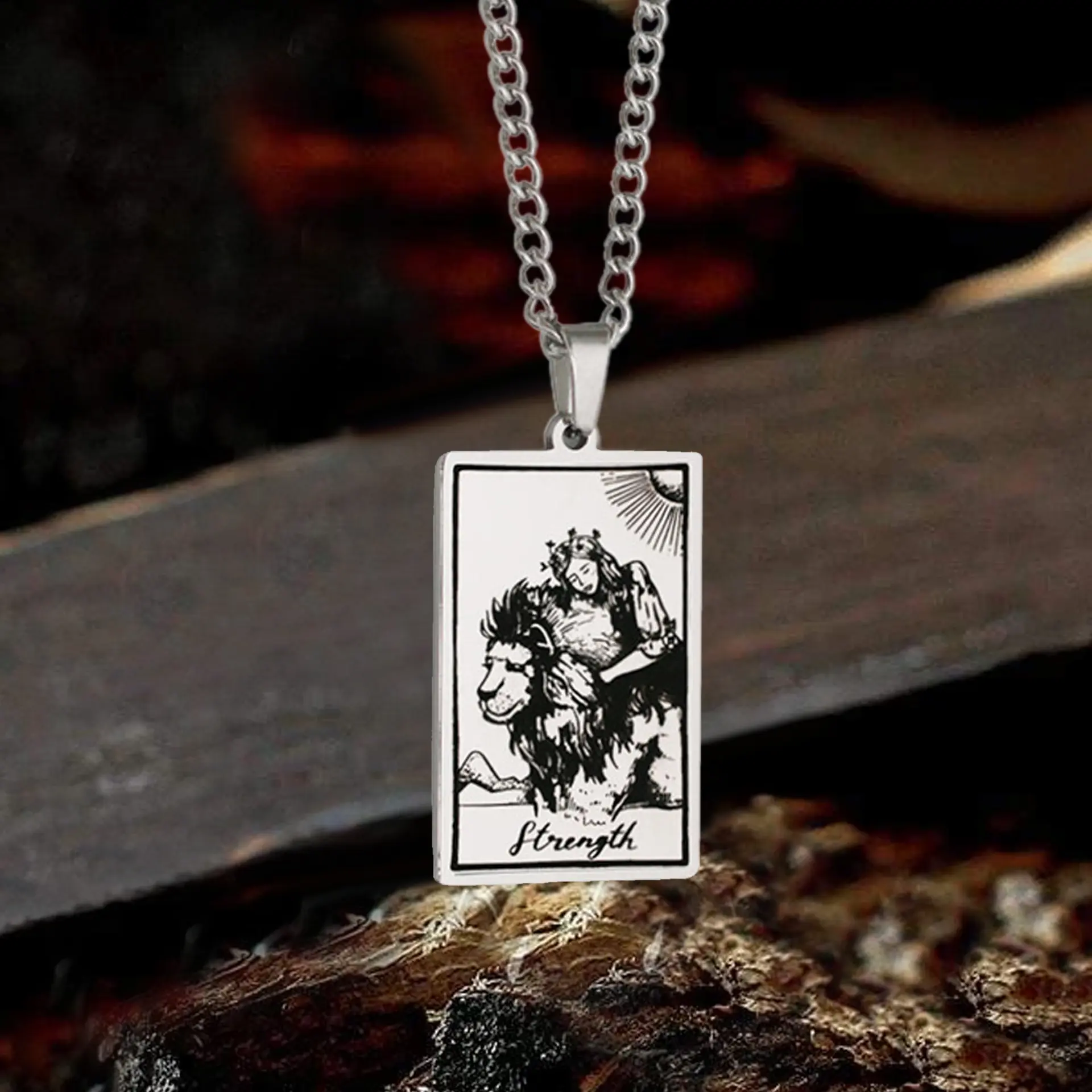 GTHIC Unisex Stainless Steel The Strength Tarot Card Necklace, 24x40mm Square Pendant for Daily Wear, Stainless Steel Necklaces