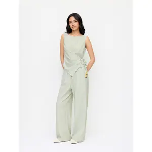 Cider Cotton-blend Boat Neck Wrap Top & Mid Rise Wide Leg Trousers Set