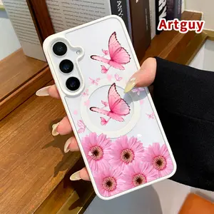Pink Butterfly Reverie Pattern Magnetic Phone Case compatible with Samsung Galaxy S26 S23 Edge Ultra S24 Plus FE S25 S22+ Non-Yellowing Clear Crystal Drop-proof Slim Silicone Shockproof Transparent Acrylic Cover Supports Wireless Charging
