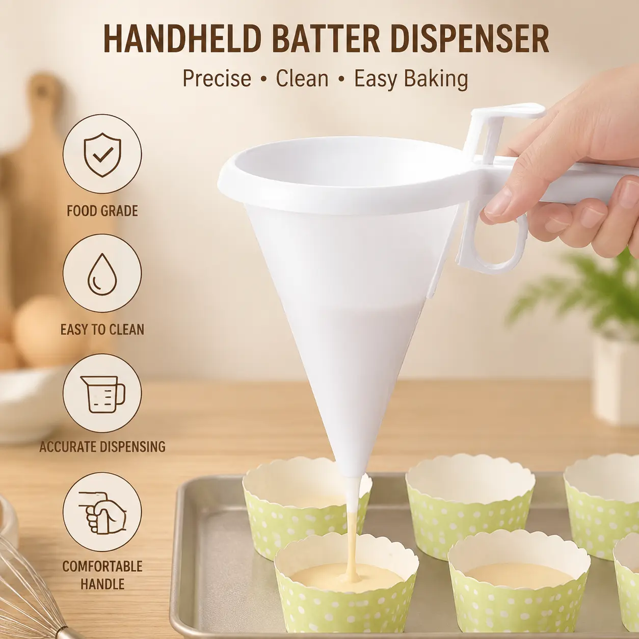 1 Count, Handheld Plastic Batter Dispensing Funnel with Flow Control for Home Baking Cupcake and Pastry Making