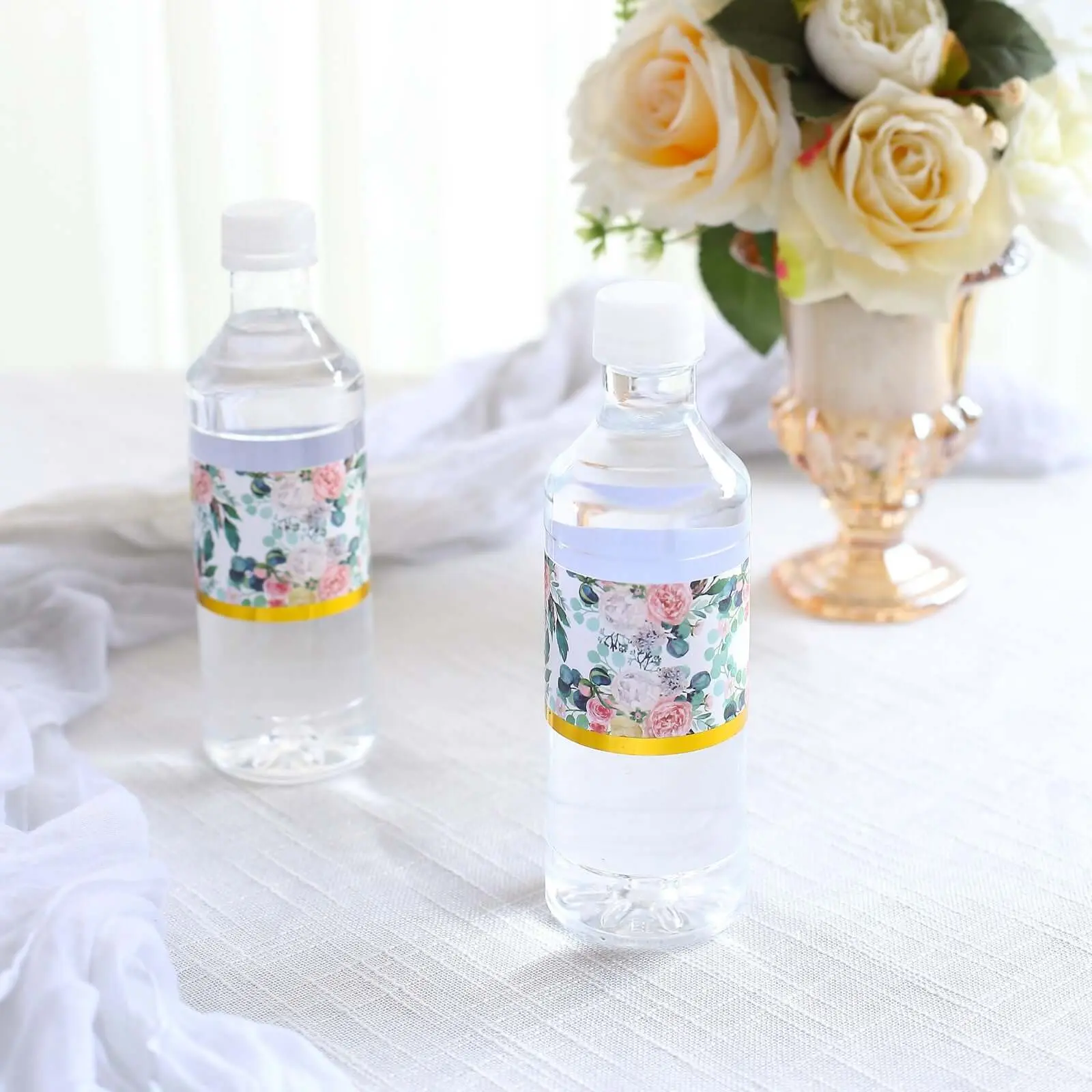 24-Pack Office Decorative Stickers, White/Pink Peony Floral Design Gold Trim Waterproof Bottle Labels, Pack Labels & Stickers for All Ages