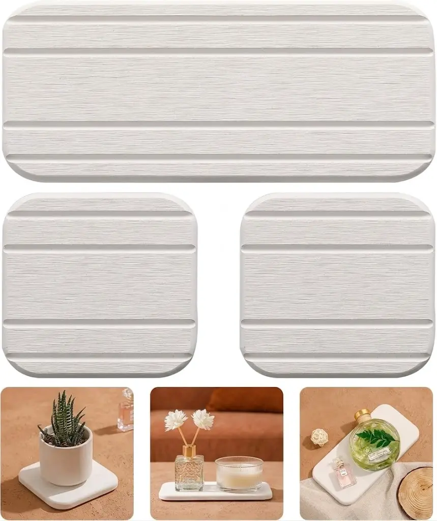 3PCS Diatomaceous Earth Tray and Coaster Set, Water Absorbing Stone Tray for Bathroom Sink, Soap Holder, Toothbrush Holder, Kitchen Counter Organizer