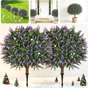 DLDA 24" Boxwood Topiary Balls with Lavender 2-Pack UV Resistant Faux Outdoor Plants for Porch Front Door & Planters with Ground Spike & Garden Tools Full Realistic Design Long Lasting All Season Decor Home Decoration summerwins