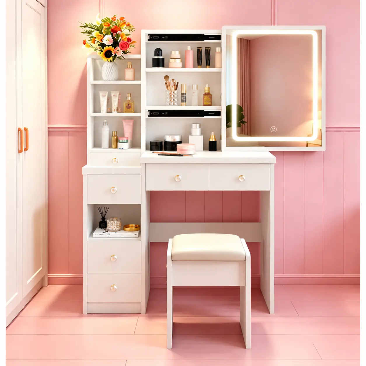 Modern-Style White Vanity Set Includes Led-Lit Mirror, Bedroom Makeup Table with Storage and Cushioned Stool, Suitable for Teens and Adults Home Dressing Rooms/Bedrooms