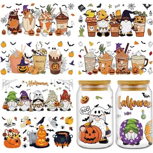 UV DTF Cup Wrap - 8 Sheets Halloween UV DTF Cup Wraps for 16 oz, Pumpkin Gnome Dessert Uvdtf Decals, Ghost Skull Personalized Waterproof Rub on Transfer Stickers for Glass, DIY Wood Crafts