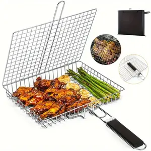 Portable Grill Basket, Stainless Steel Large Foldable BBQ Basket with Handles, Outdoor Camping Grilling Rack for Fish Shrimp Vegetables