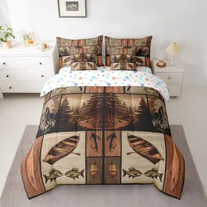 Feelyou 7-Piece Fish Hook Fishing Theme Bedding Set - Farmhouse Brown Bed in a Bag with Comforter, Sheets and Sea Animal Patterns