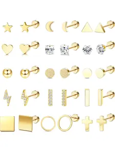 15 Pairs Tiny Cartilage Stud Earrings Star Moon Circle Bar Heart Trague Stud Earrings Set for Women Flat Back Cross CZ Earrings Stainless Steel Ear Piercing Set Ear Studs