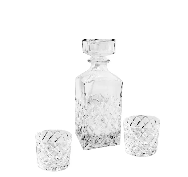 Classic Sylvan 3-Piece Diamond-Cut Glass Decanter Set for Beverage Serving