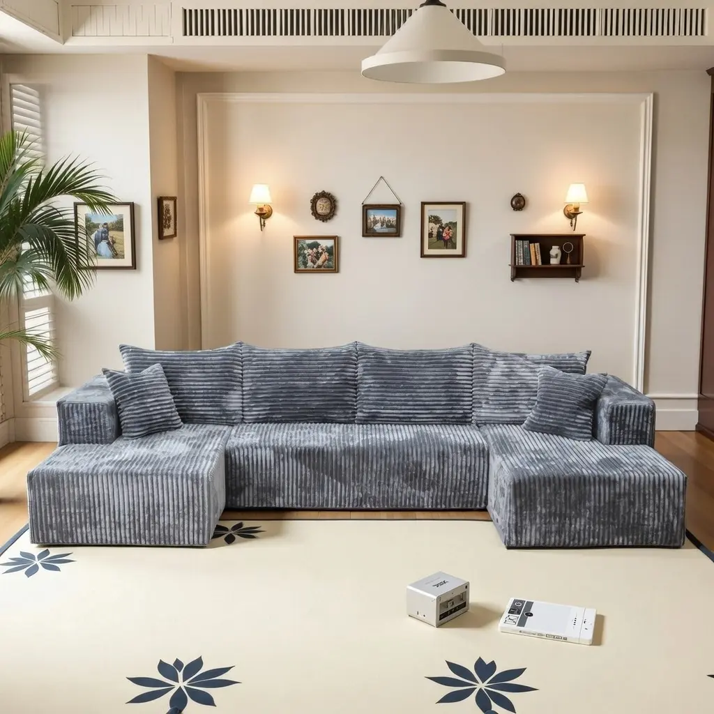 HSECOYAY Oversized 131.8" U Shape Cloud Couch Plus Sectional Sofa with Chaise Modern Modular Sofa with 6 Soft Pillows & Lounge Chairs Boneless Upholstered Couches for Living Room Bedroom Plush Corduroy Fabric Light Gray
