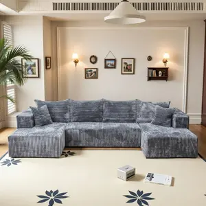 HSECOYAY Oversized 131.8" U Shape Cloud Couch Plus Sectional Sofa with Chaise Modern Modular Sofa with 6 Soft Pillows & Lounge Chairs Boneless Upholstered Couches for Living Room Bedroom Plush Corduroy Fabric Light Gray