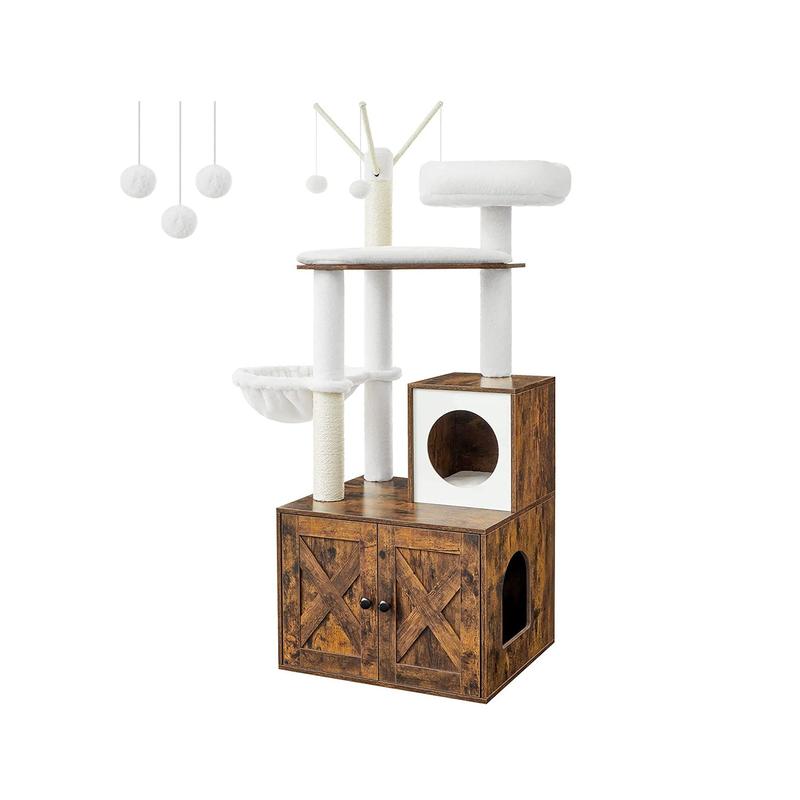 Feandrea Cat Tree with Litter Box Enclosure, 2-in-1 Modern Cat Tower, 55.1-Inch Cat Condo with Scratching Posts, Removable Pompom Sticks