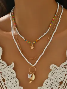 3-Piece Beach Ocean Style Natural Shell Starfish Fish Tail Bead Necklace, Multi-Layered Handmade Braided Pendant, Women's Jewelry