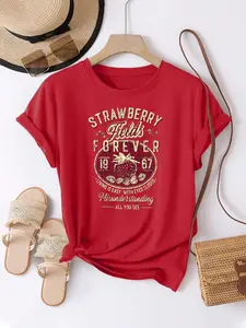 Women's Strawberry & Letter Print Round Neck Tee, Casual Short Sleeve Crew Neck T-shirt for Summer, Fashion Women's Top for Daily Wear