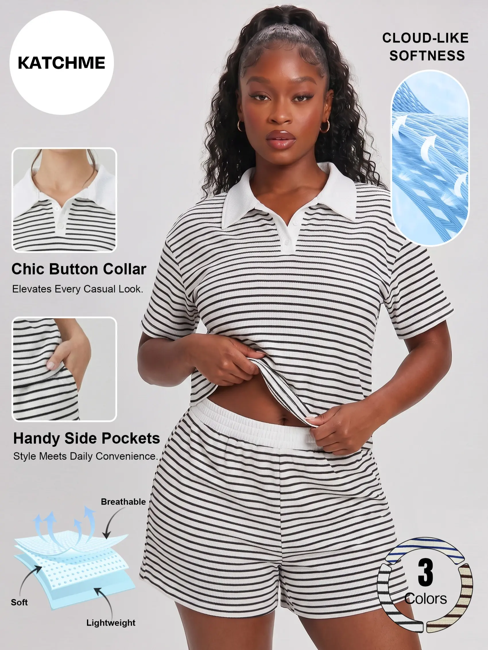 Katch Me Chic(US)Women's Casual Stripe Partial Button Loose Short Sleeve Top & Shorts Co-ord, Breathable Skin-Friendly Two Piece Sets, Durable Anti-Pilling Daily Outfit
