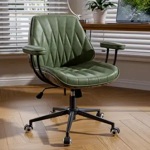 Mid Century Modern Office Desk Chair with Arms, Premium Olive Green Faux Leather Computer Chair, Height Adjustable Vintage Swivel Task Chair for Home Office