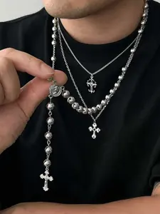 3 Piece Set Hip Hop Cross Pendant Necklace, Adjustable Necklace, Simple Fashion Round Bead Chain Jewelry for Men & Women, Unisex Street Style Accessory