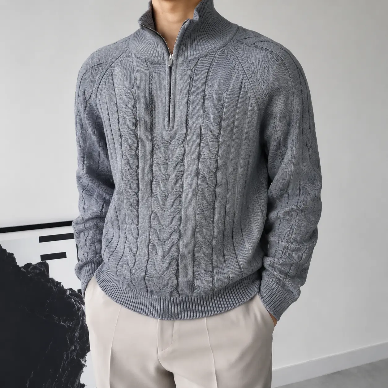 Mens Quarter Zip Sweater 1/4 Zip Pullover Cable Knit Half Zip Mock Neck Smart Casual Fall Winter Warm Cozy Knitwear Classic Business Travel Jumper Stand Collar S-XL