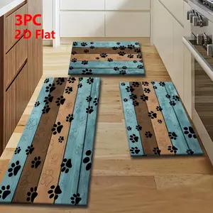 2/3 Piece Flannel Kitchen Mat Set, Decorative Rug, Vintage Blue Wood Grain Pet Claw Print Design, Non-Slip Bottom, Absorbent