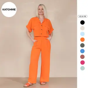 KatchMe Women's Casual Button Front Flap Pocket Blouse & Wide Leg Trousers Co-ord, Crop Short Sleeve Shirt & High Waist Pants Two-Piece Set