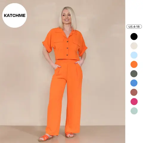 KatchMe Women's Casual Button Front Flap Pocket Blouse & Wide Leg Trousers Co-ord, Crop Short Sleeve Shirt & High Waist Pants Two-Piece Sets
