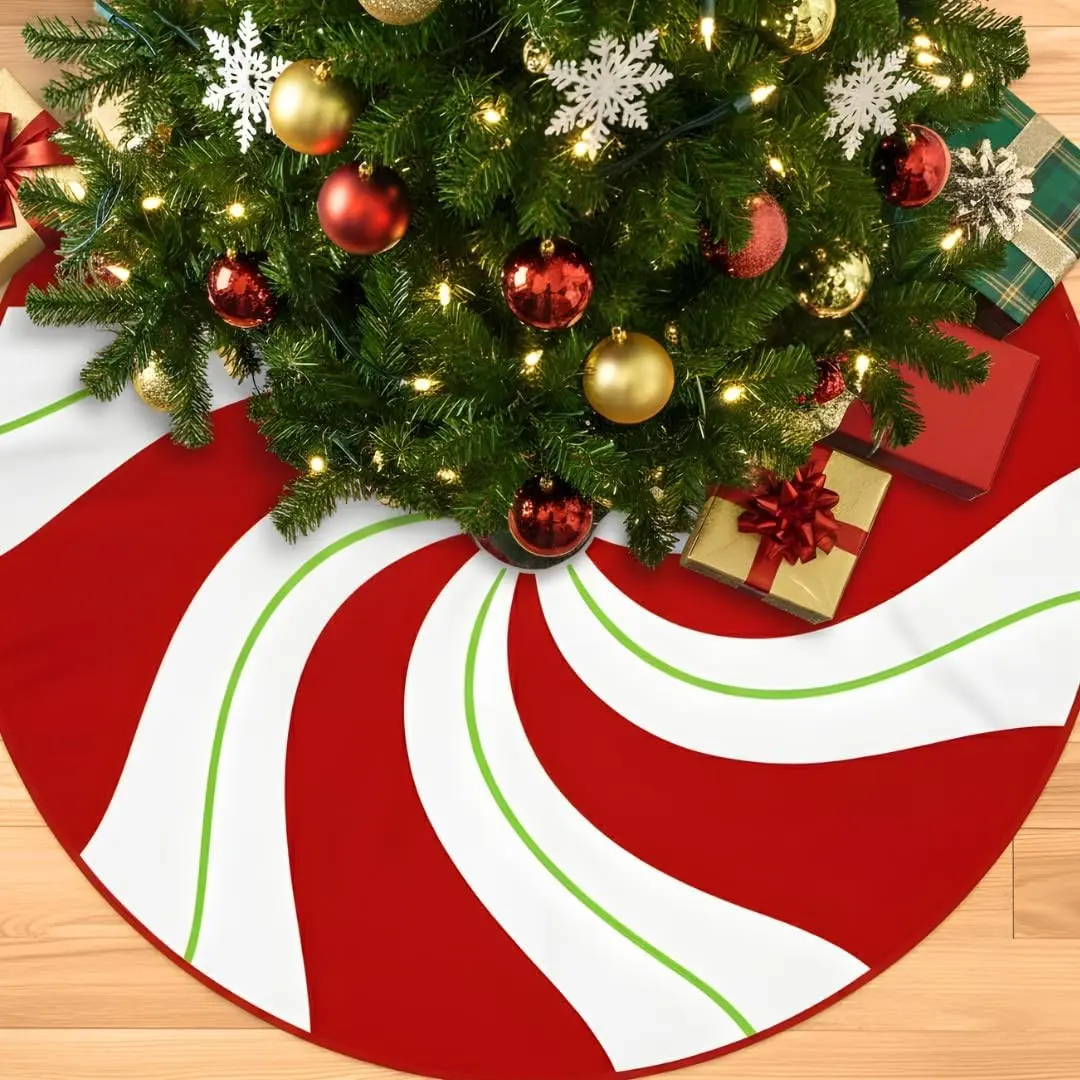 48 Inch Peppermint Candy Cane Christmas Tree Skirt Mat for Christmas New Year Thanksgiving Halloween Holiday Indoor Outdoor Decorations Xmas Gifts for Family