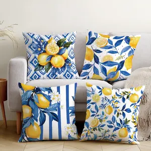 4 Piece Blue Lemon Illustration Pillow Covers, Single-Sided Print, Simple Home Decor for Living Room Bedroom, No Filler Included