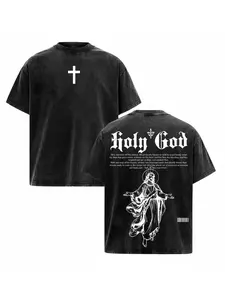 Men's Oversized Holy God Graphic T-Shirt Gothic Letter Print Cotton Streetwear Tee Retro Cross Design Short Sleeve Top for Dark Aesthetic & High Street Outfits