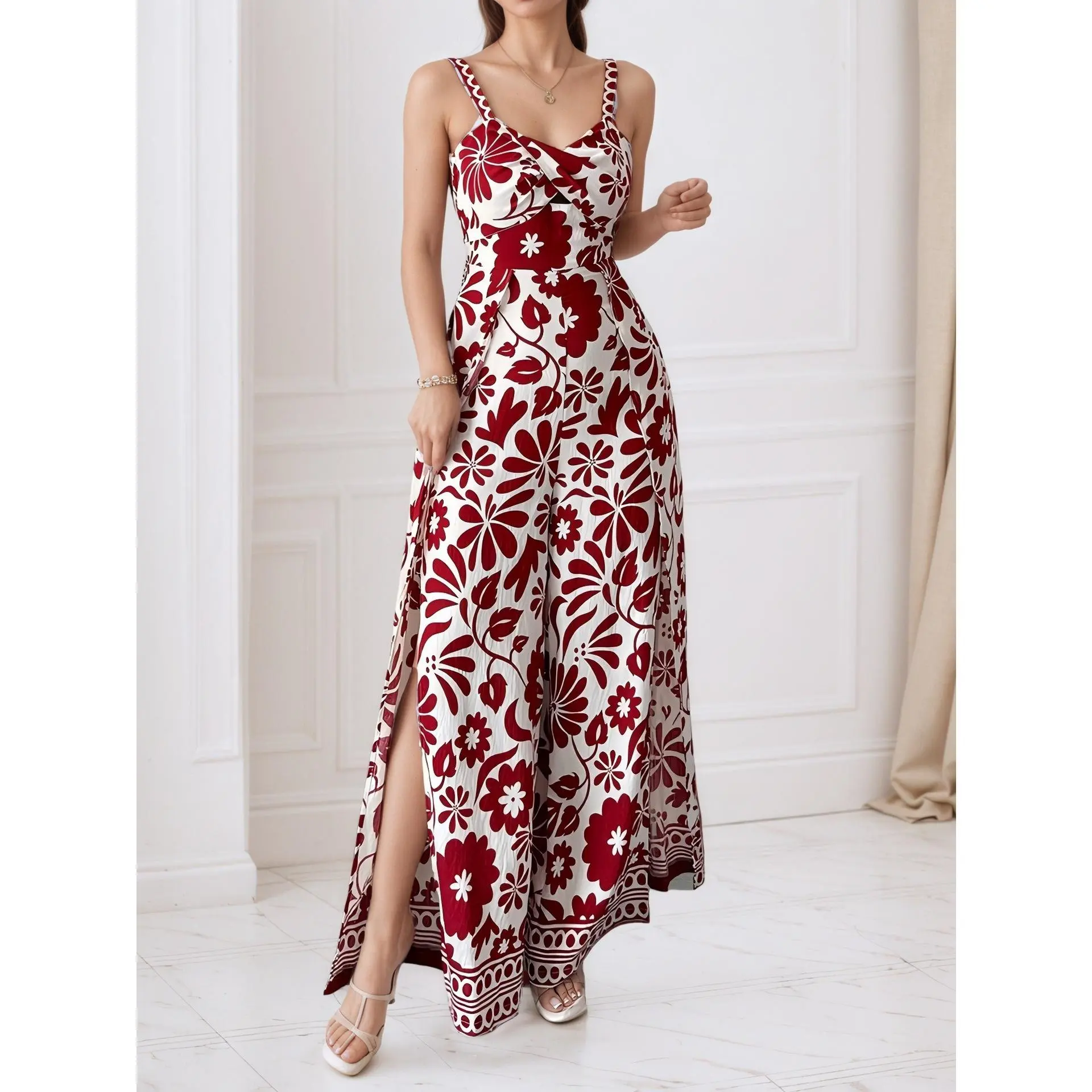 2026 Summer Women's Elegant Sleeveless Jumpsuit with Twist Floral Print High Waist Long Pants Fashion Sexy Outfit