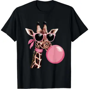 100% cotton Funny Cute Giraffe Pink Bubble Gum and Pink Sunglasses T-Shirt