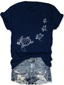 Women's Turtle Print Round Neck Tee, Casual Short Sleeve Crew Neck T-shirt for Daily Wear, Ladies Clothes for All Seasons Animal
